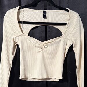 Cream Ribbed Long Sleeve Open Back Top